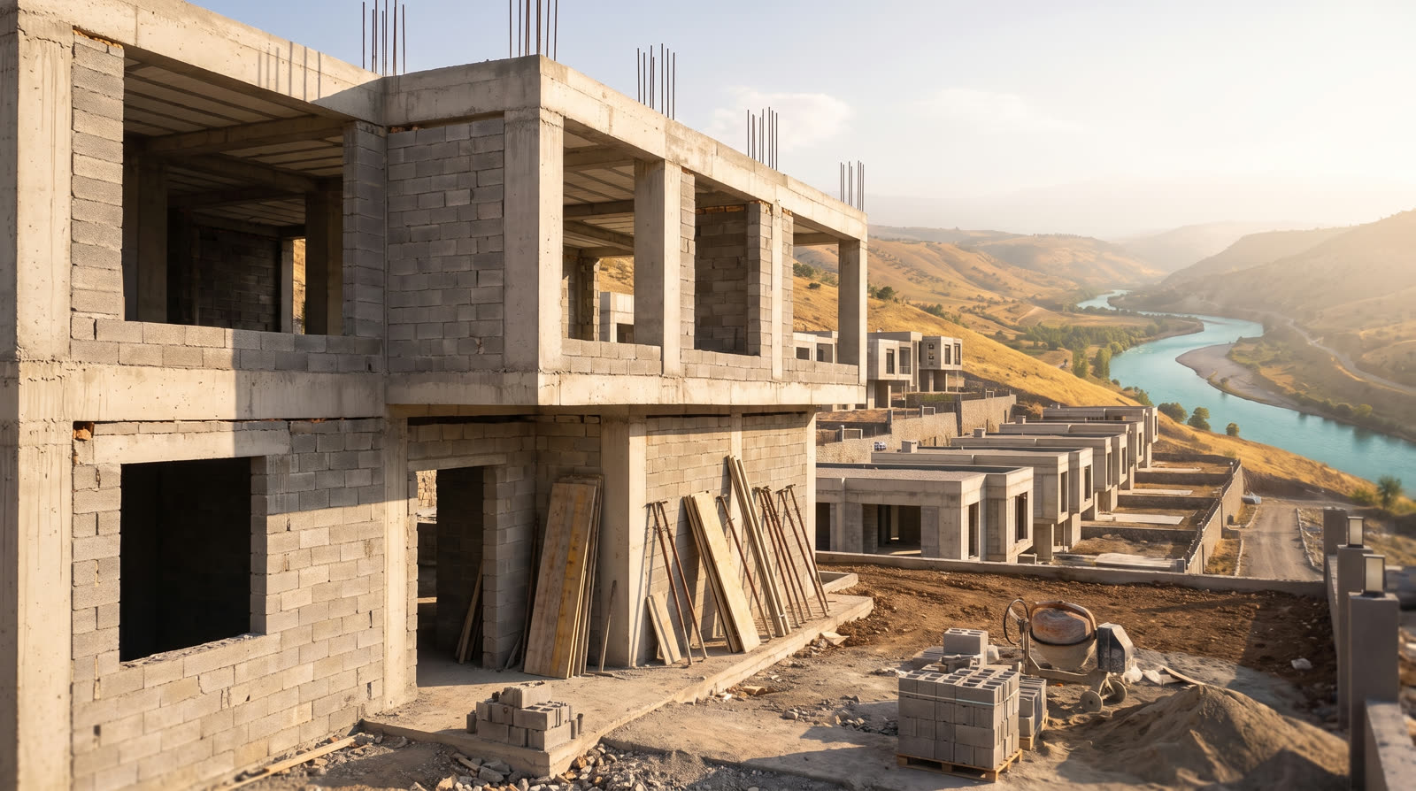 The villa at structural stage: bare concrete frame and block infill