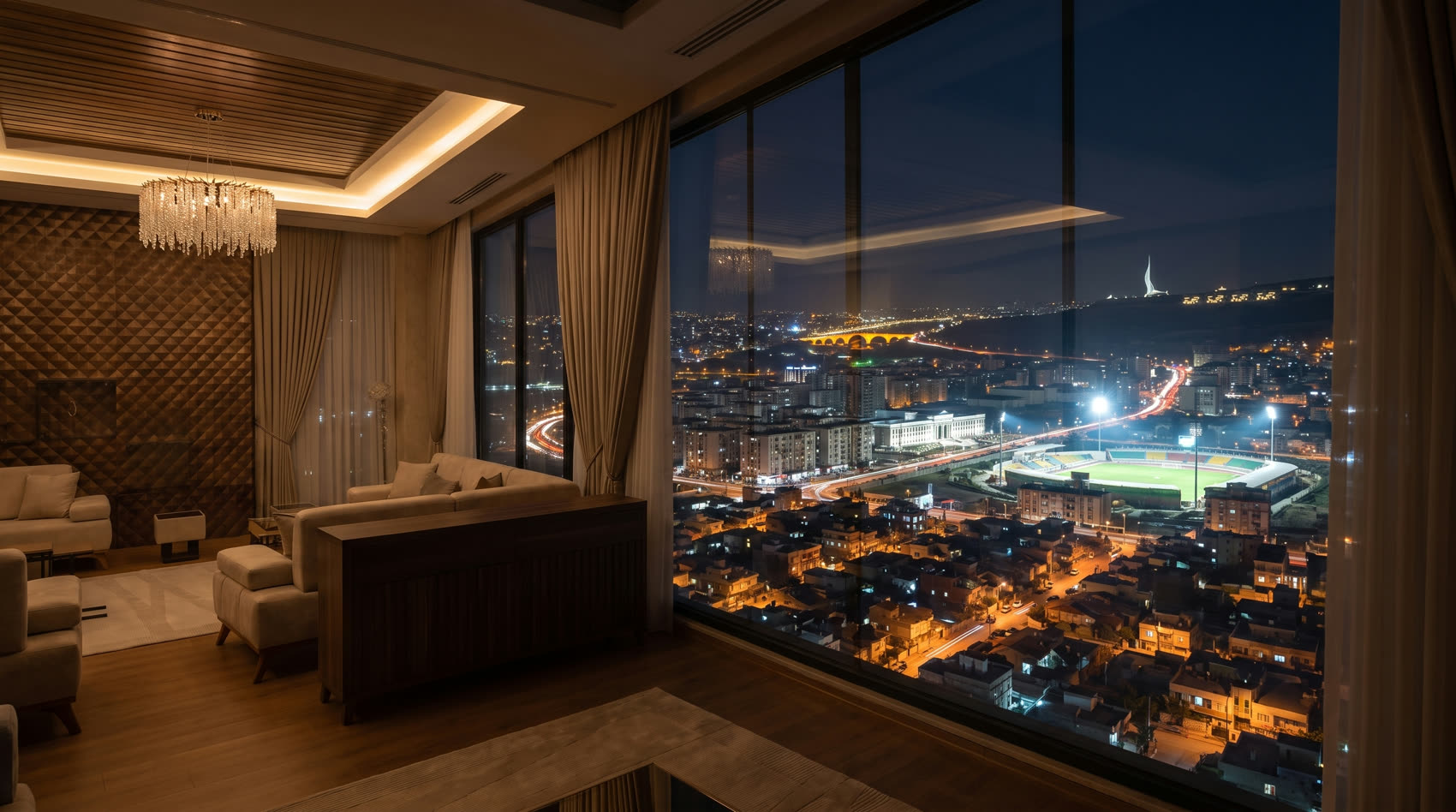 A lit SIB apartment interior at night looking out over the city