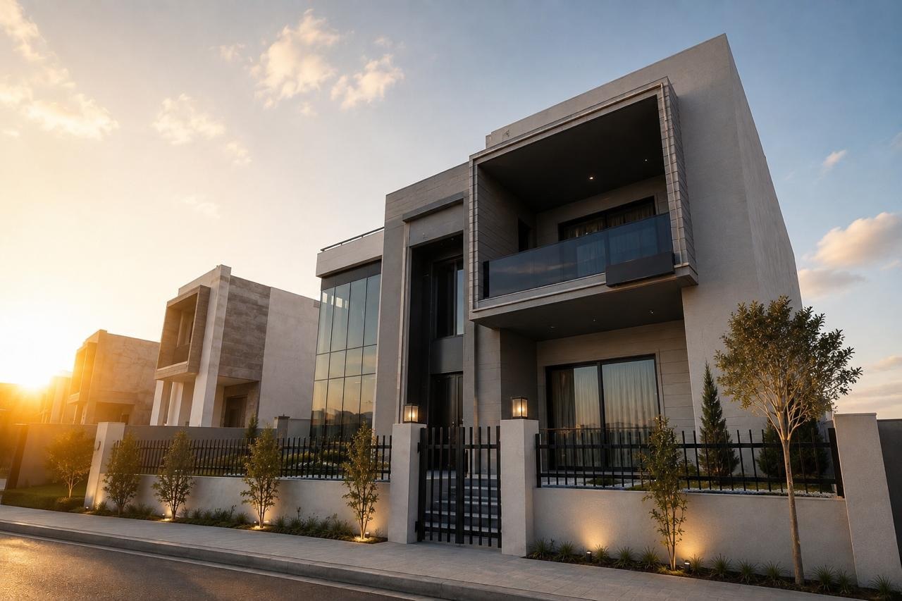 Completed villa at sunset