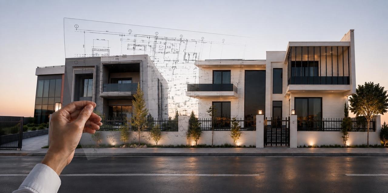 Design drawing over a completed villa